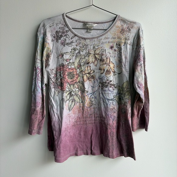 Christopher & Banks Tops - Christopher & Banks Womens Floral Graphic 3/4 Sleeve T-Shirt XL Gray Pink Ombre